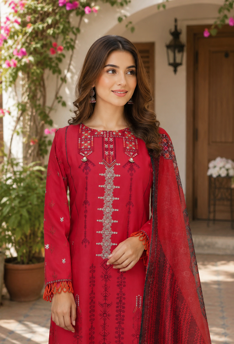 Coral Red Festive Lawn Unstitched 2Pc