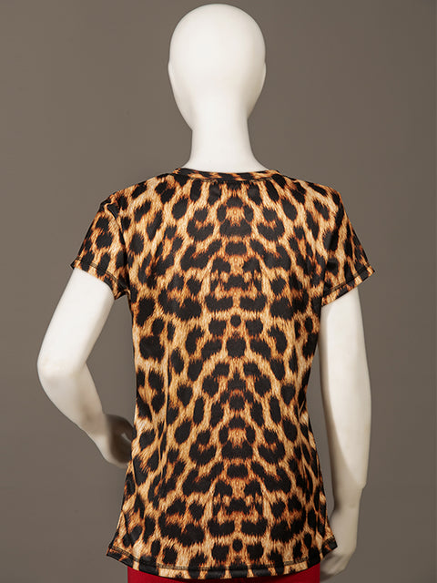 Women Crew Neck Cheetah Print Sports T-shirt