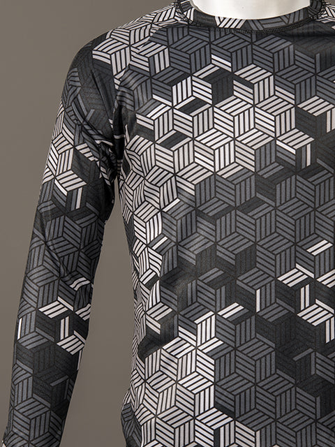 Men Crew Neck Charcoal Geometric Printed Sports T-shirt