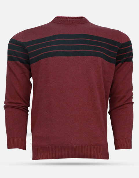 Men's Maroon & Black Stripes Round Neck Sweater