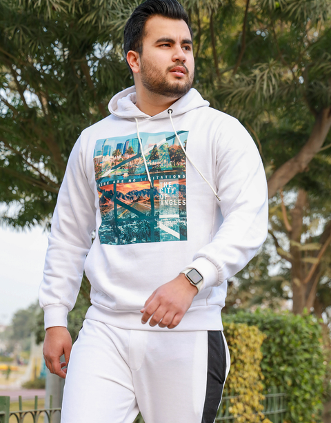 Men White Pullover Graphic Hoodie